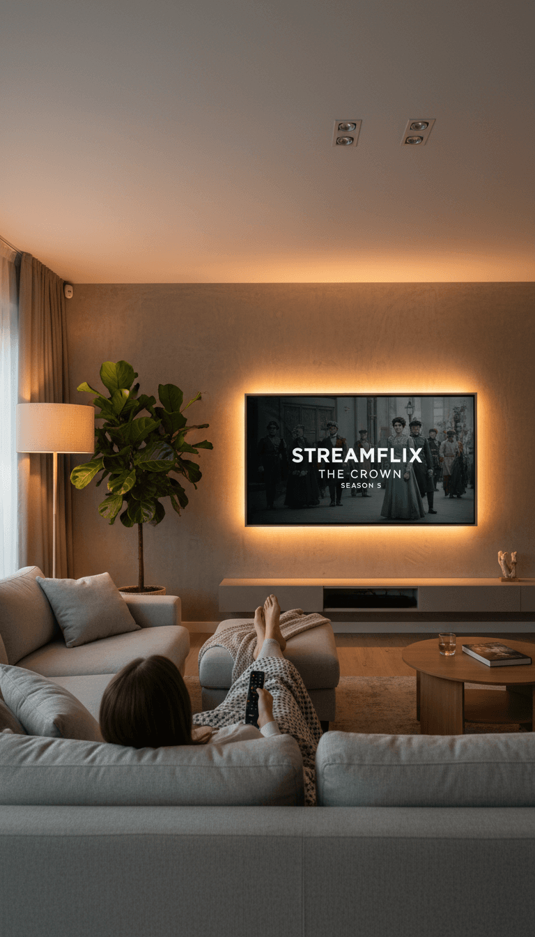 Person enjoying streaming entertainment on TV at home